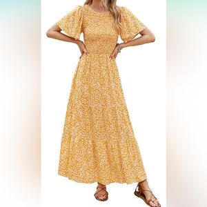 ZESICA || Floral Print Short Flutter Sleeve Crew Neck Smocked MaxiDress